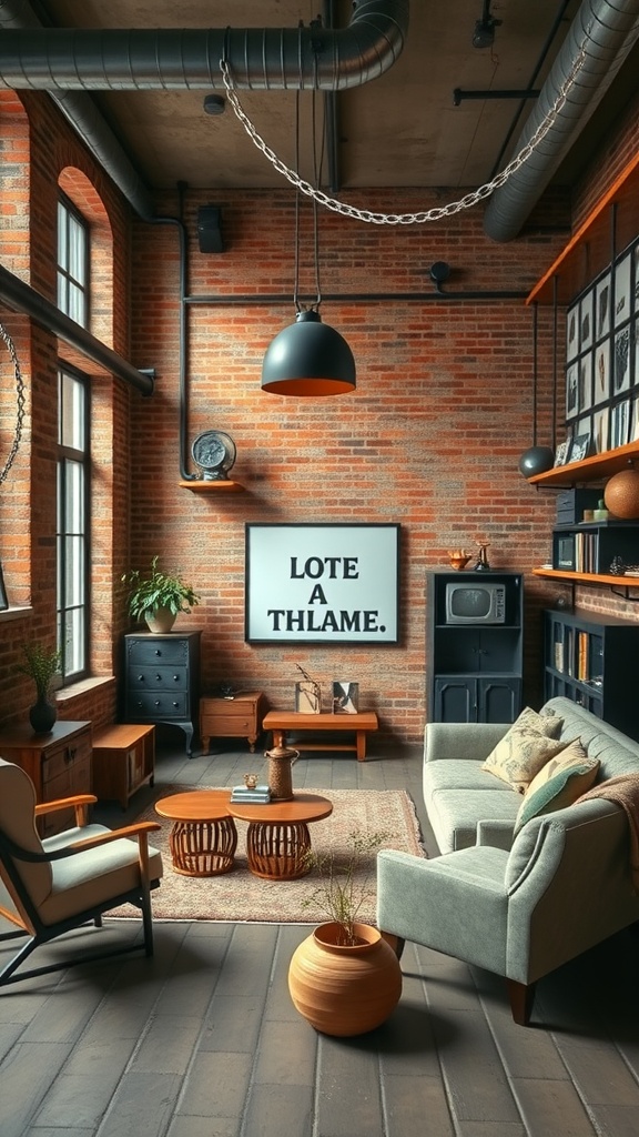 A stylish industrial living room with exposed brick walls, vintage furniture, and modern decor.