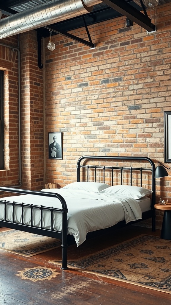 A black metal bed frame against a brick wall in an industrial chic bedroom