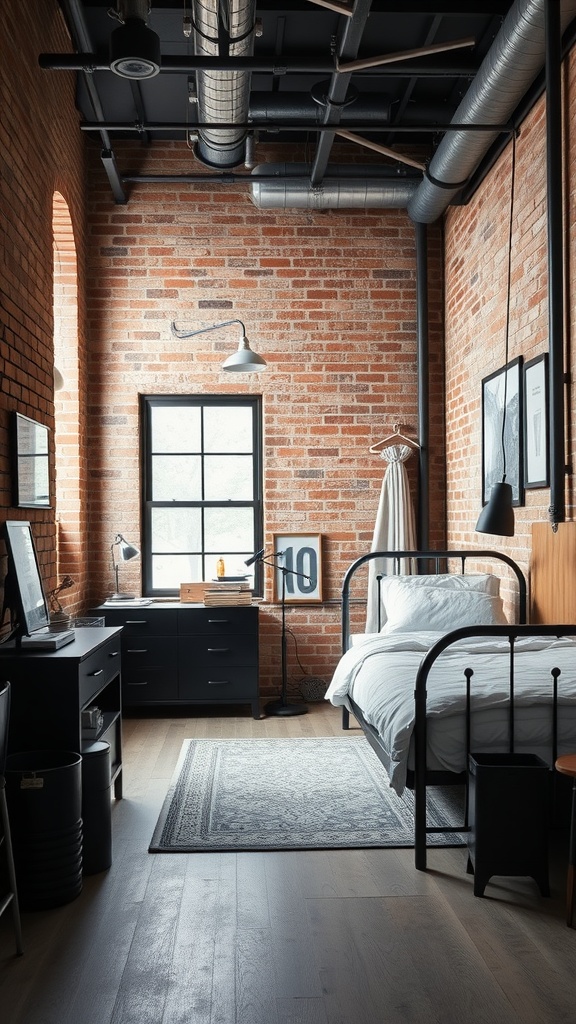 An industrial chic bedroom with black furniture, exposed brick walls, and natural light.