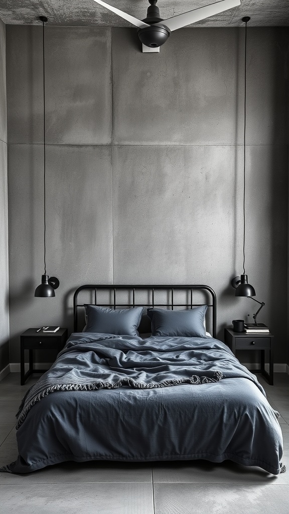 A modern industrial bedroom featuring concrete walls, a black metal bed frame, and stylish lighting.
