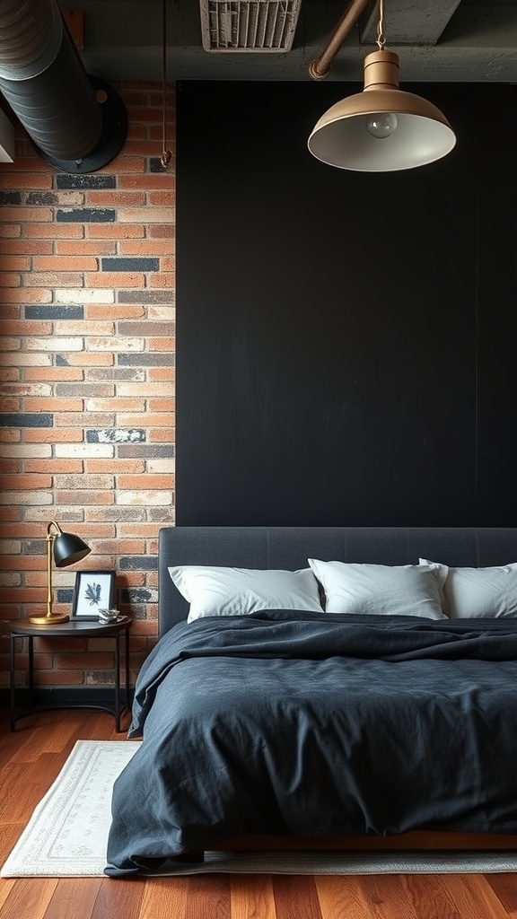 Industrial chic bedroom featuring a black accent wall and exposed brick.