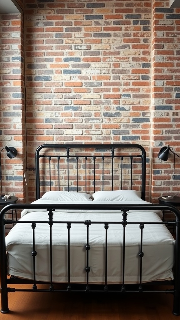 A black metal bed frame in a bedroom with exposed brick walls