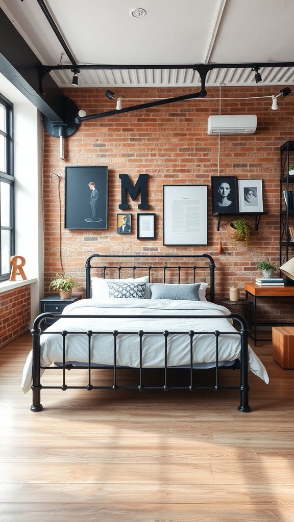 A stylish bedroom featuring a black metal bed frame against a brick wall, with framed art and plants.