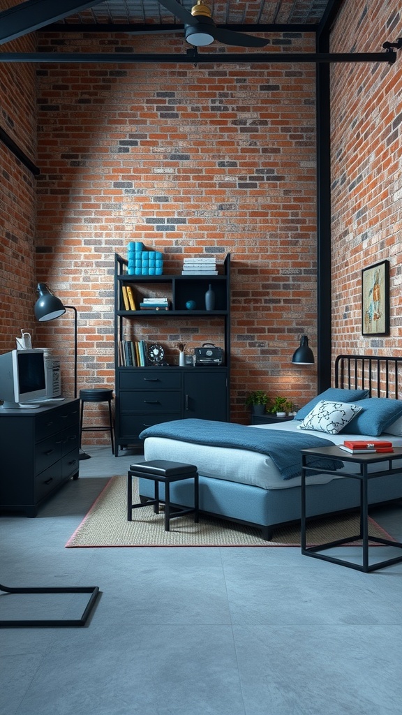 A stylish industrial chic bedroom featuring blue and black decor with exposed brick walls.