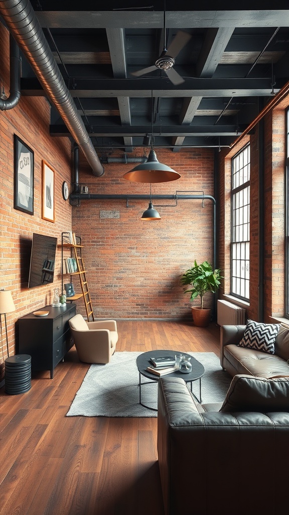 A stylish living room featuring exposed brick walls, modern furniture, and large windows.