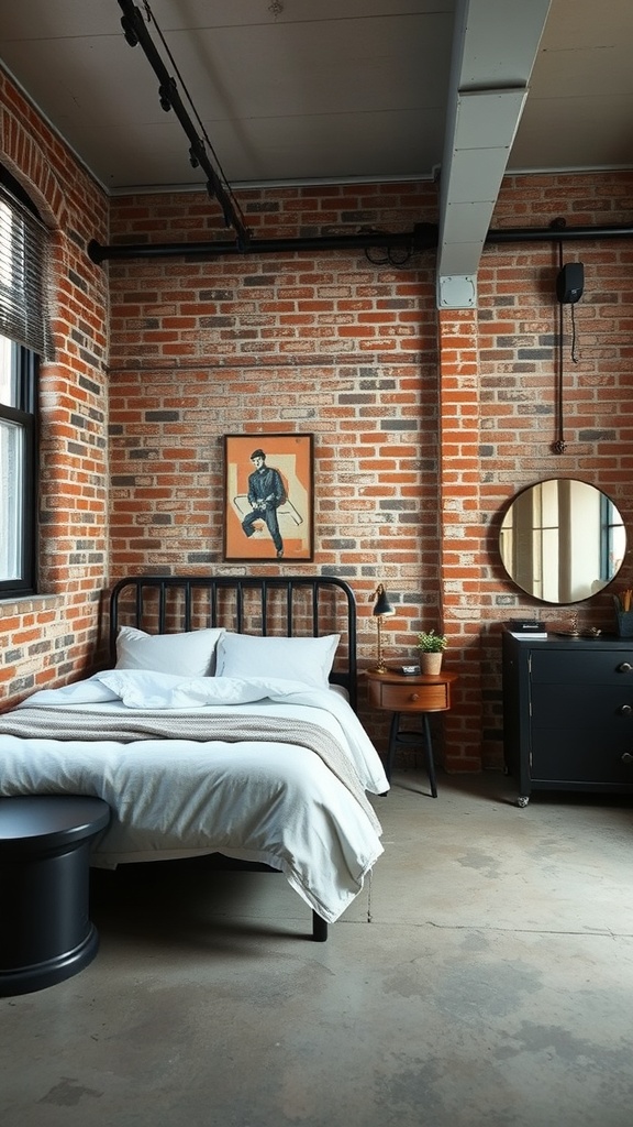 Industrial chic bedroom featuring exposed brick walls, a black metal bed frame, and stylish decor.