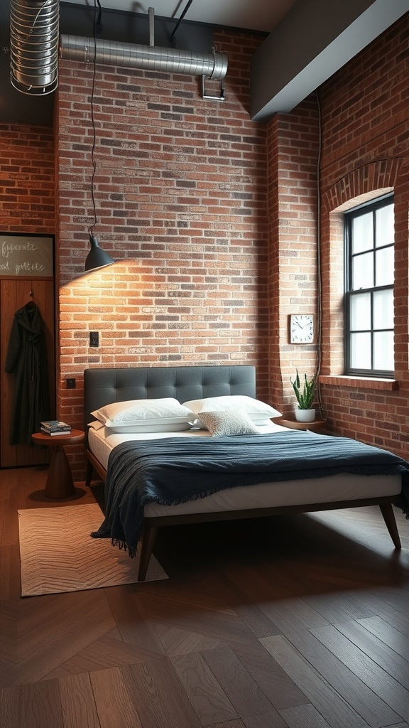 A stylish industrial chic bedroom featuring exposed brick walls, a low-profile bed, and modern lighting.