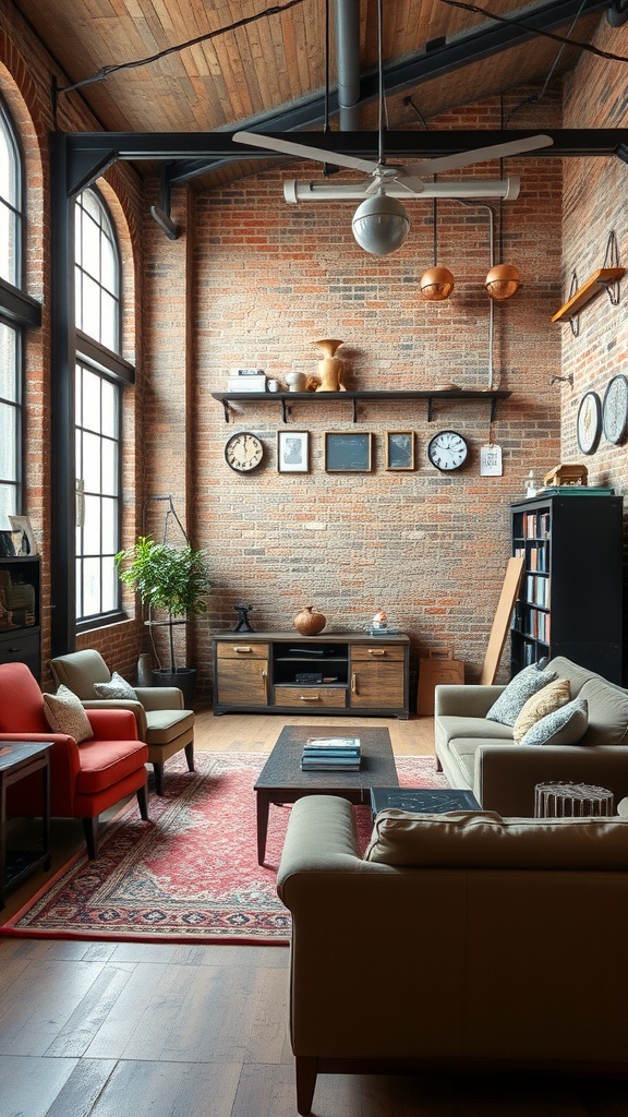 An industrial chic living room with exposed brick walls, wooden shelves, and cozy seating.
