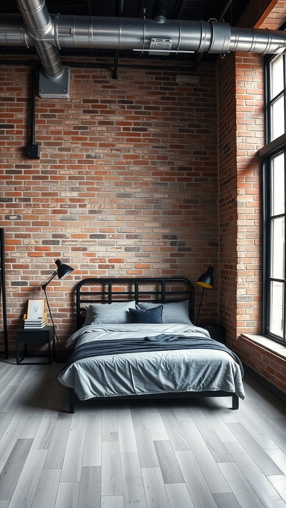 A stylish industrial bedroom featuring exposed brick walls, a black bed frame, and large windows.