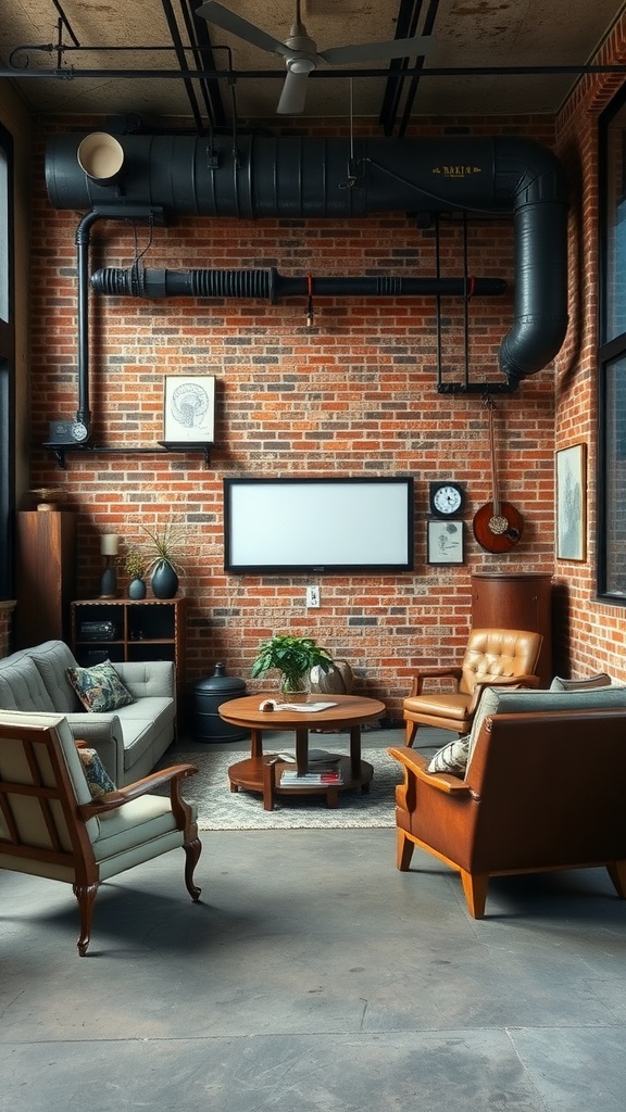 Industrial loft living room with exposed brick wall, black pipes, vintage furniture, and greenery.