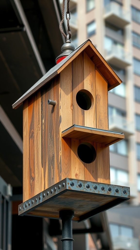 An industrial style birdhouse made of wood and metal, designed with a modern aesthetic.