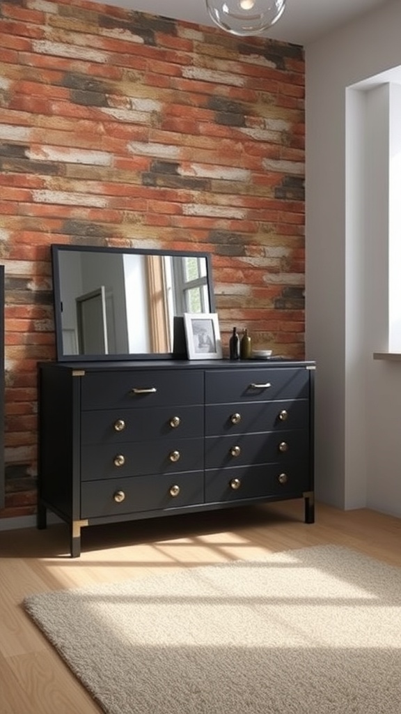 A black dresser with gold hardware against a brick wall in a bedroom setting.