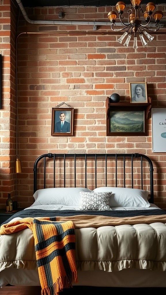 A cozy industrial style bedroom featuring a black metal headboard against a brick wall, with a knitted blanket and decorative pillows on the bed.
