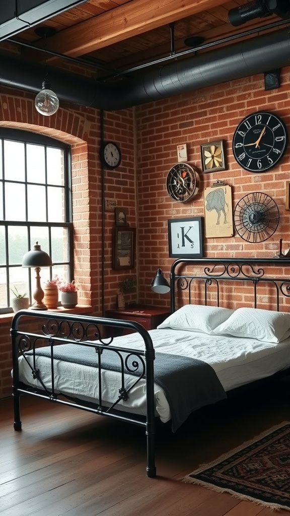 A cozy industrial-style bedroom featuring a black bedframe, exposed brick walls, and vintage decor.