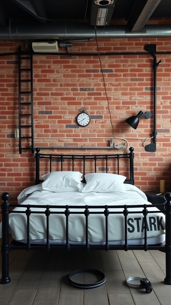 A black bed frame in an industrial style bedroom with exposed brick walls and minimal decor.