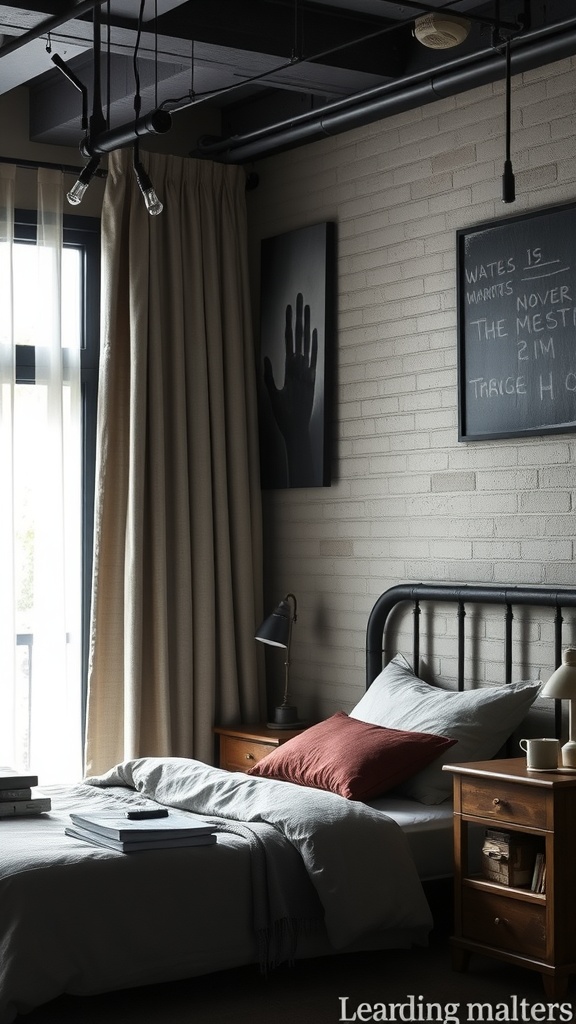 A cozy industrial-style bedroom featuring black metal curtain rods and soft fabric curtains.