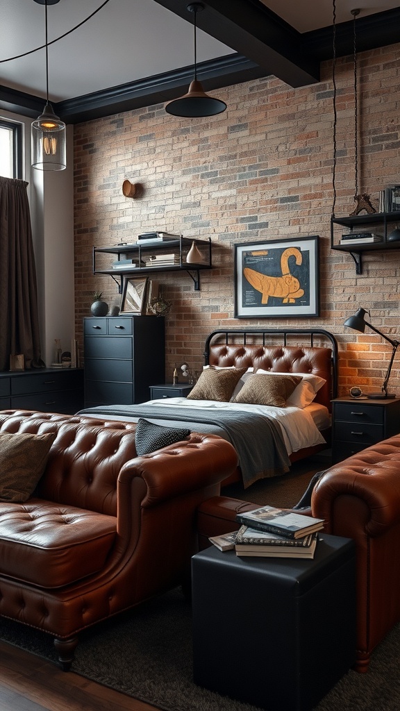 An industrial-style bedroom featuring a brown leather bed, exposed brick walls, and dark wooden furniture.