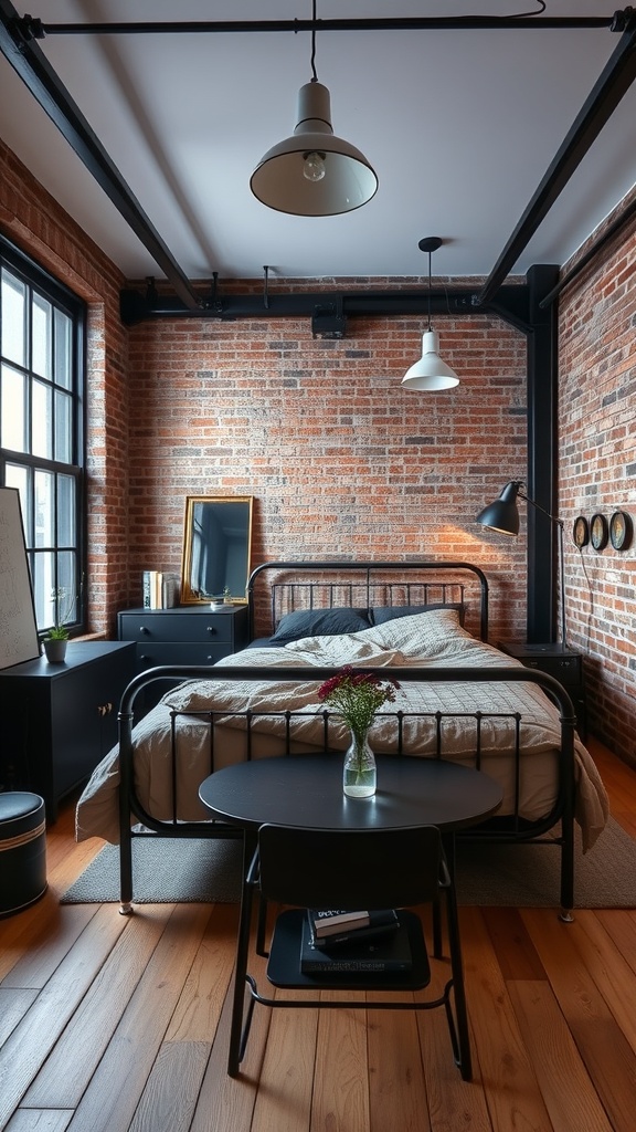 A stylish bedroom featuring an industrial design with exposed brick walls and black furniture.
