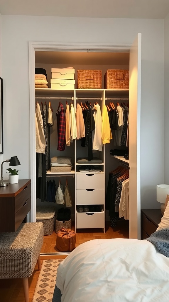 A well-organized closet with clothes, baskets, and shelves.
