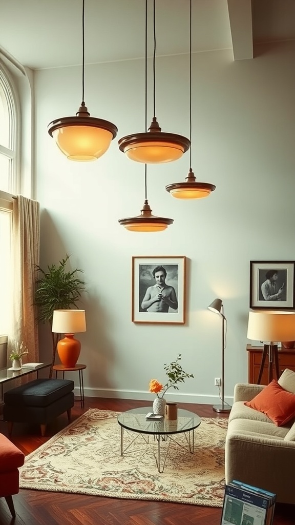 A cozy 70s living room with innovative hanging light fixtures