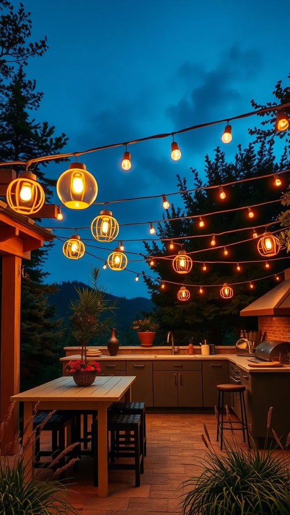 Outdoor kitchen with decorative lighting in the evening.