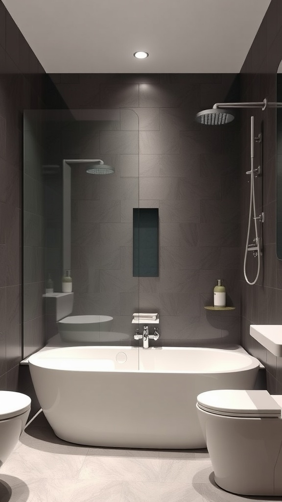 Modern bathroom featuring an elegant shower tub combo with a minimalist design.