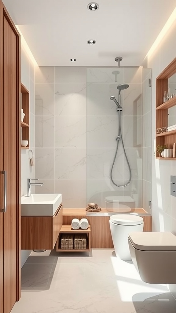 Modern bathroom featuring innovative storage solutions with wooden cabinetry, wall-mounted shelves, and under-sink organization.