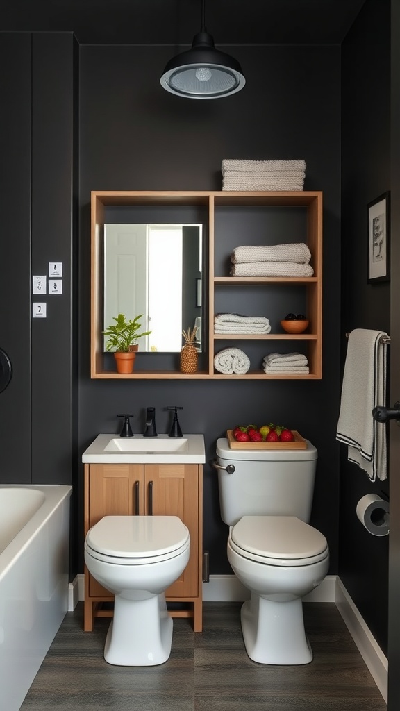 A stylish dark bathroom featuring wood shelving with towels, a mirror, and a compact sink area.