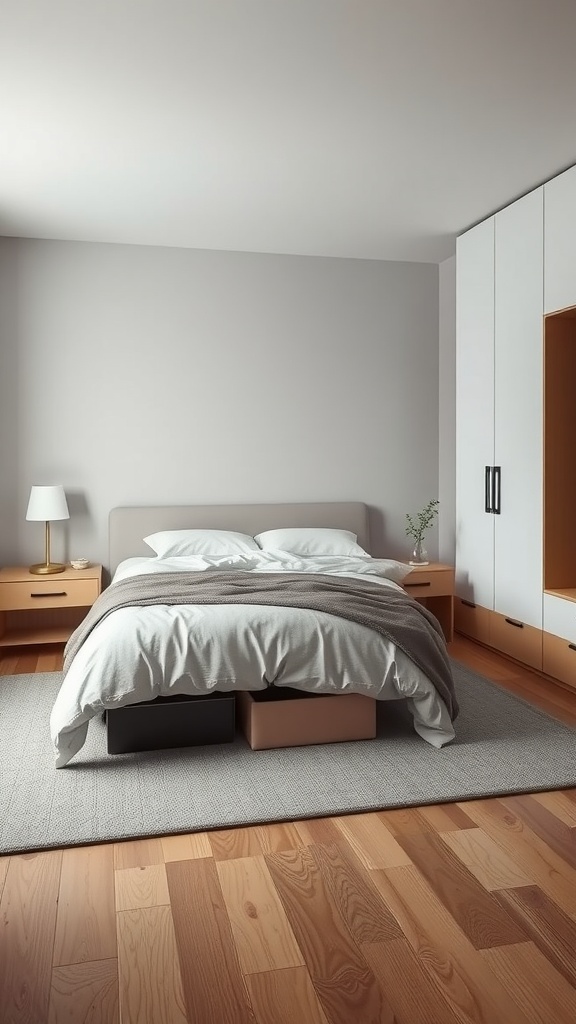 A minimalist bedroom featuring a bed with storage boxes underneath and a built-in wardrobe.