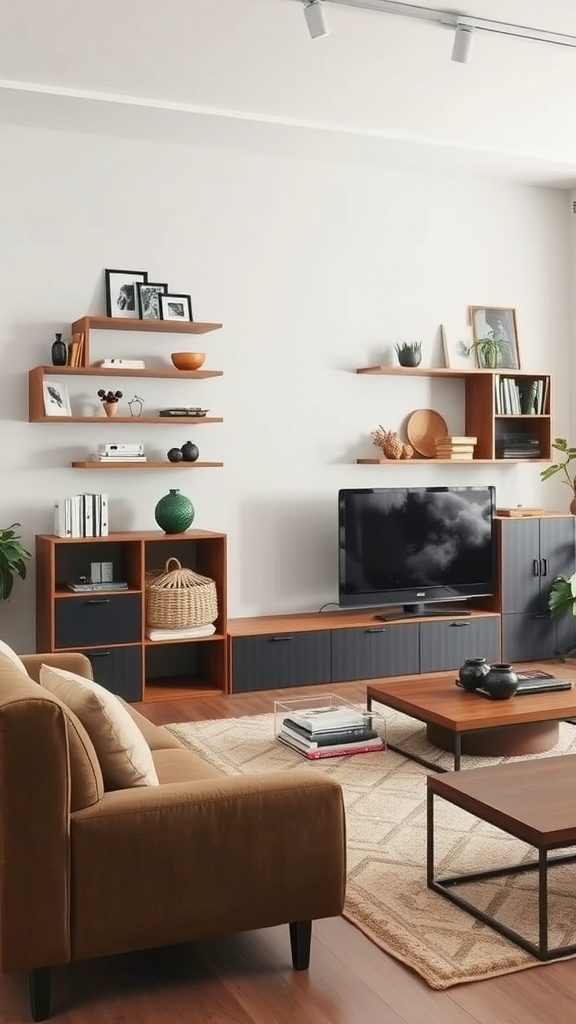 A modern living room featuring innovative storage solutions with wall shelves, a cozy couch, and a stylish coffee table.