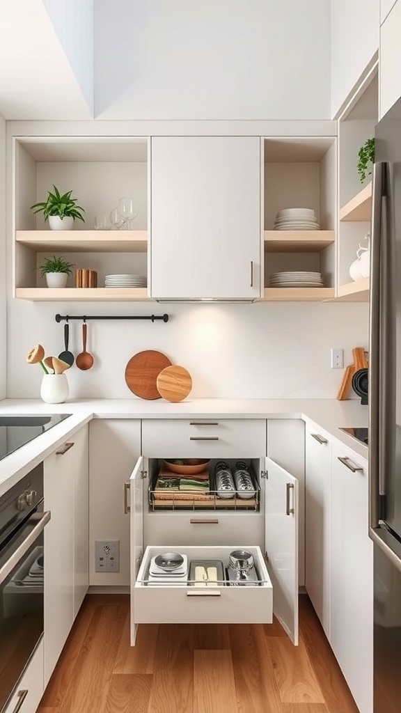 A cozy modern kitchen with innovative storage solutions including open shelves and pull-out drawers.