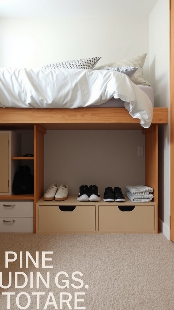 A wooden bed frame with neatly organized under-bed storage including shoes and folded towels