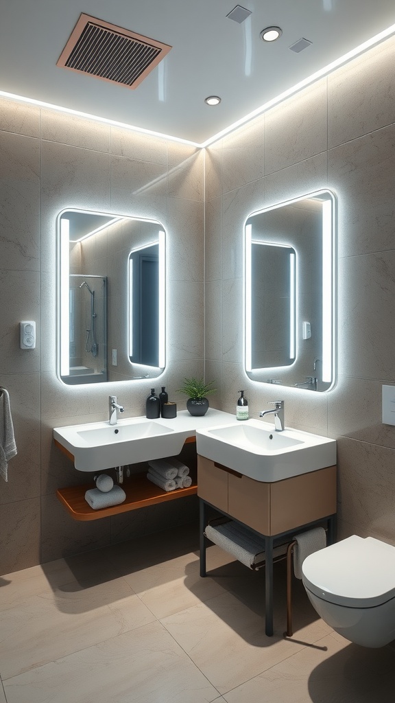A modern bathroom featuring sleek mirrors, ambient lighting, and minimalist design.