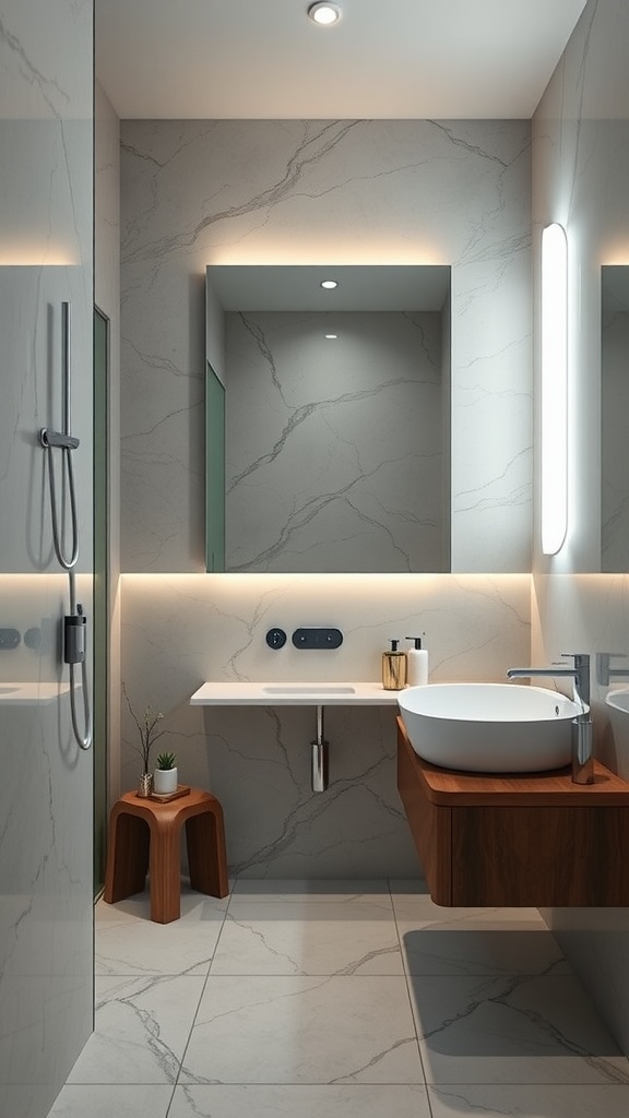 A modern luxury bathroom featuring sleek design elements and innovative technology integration.