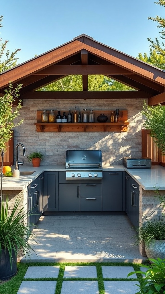 A modern exterior kitchen featuring sleek cabinetry, open shelving, and greenery for a vibrant outdoor cooking experience.
