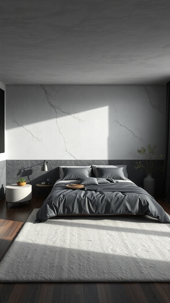 A modern bedroom featuring grey walls, dark accents, and natural light.