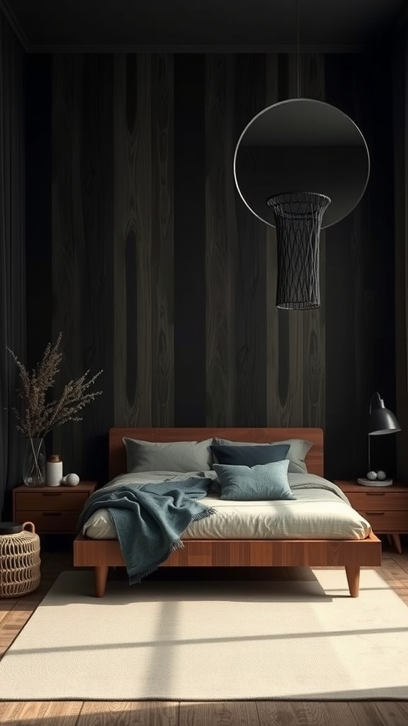 A cozy black and brown bedroom featuring a wooden bed, soft bedding, and modern lighting.
