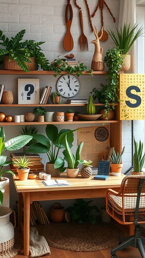 A cozy hobby room featuring plants, wooden shelves, and a desk with natural light.