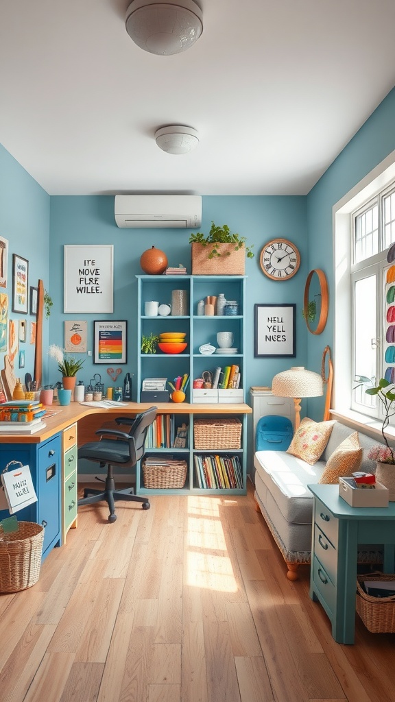 A colorful hobby room with blue walls, bright decor, and a cozy atmosphere.