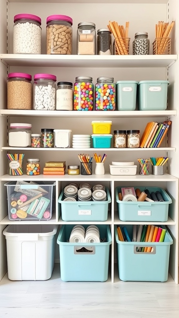 A well-organized craft storage area with jars and bins filled with various supplies.