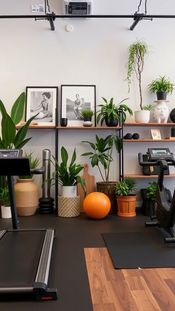 A stylish home gym featuring a treadmill, exercise bike, and decorative plants.
