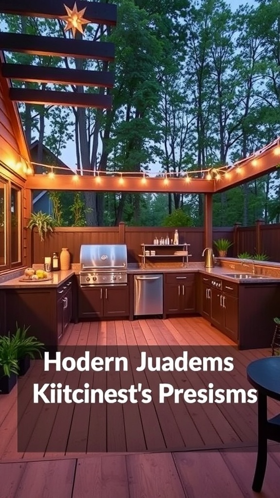 Modern outdoor kitchen with dark cabinetry and string lights on a wooden deck