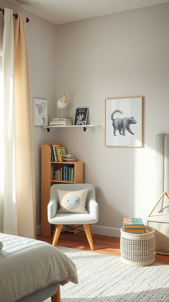 A cozy reading nook in a minimal kids bedroom, featuring a gray chair, books on a shelf, and playful decor.