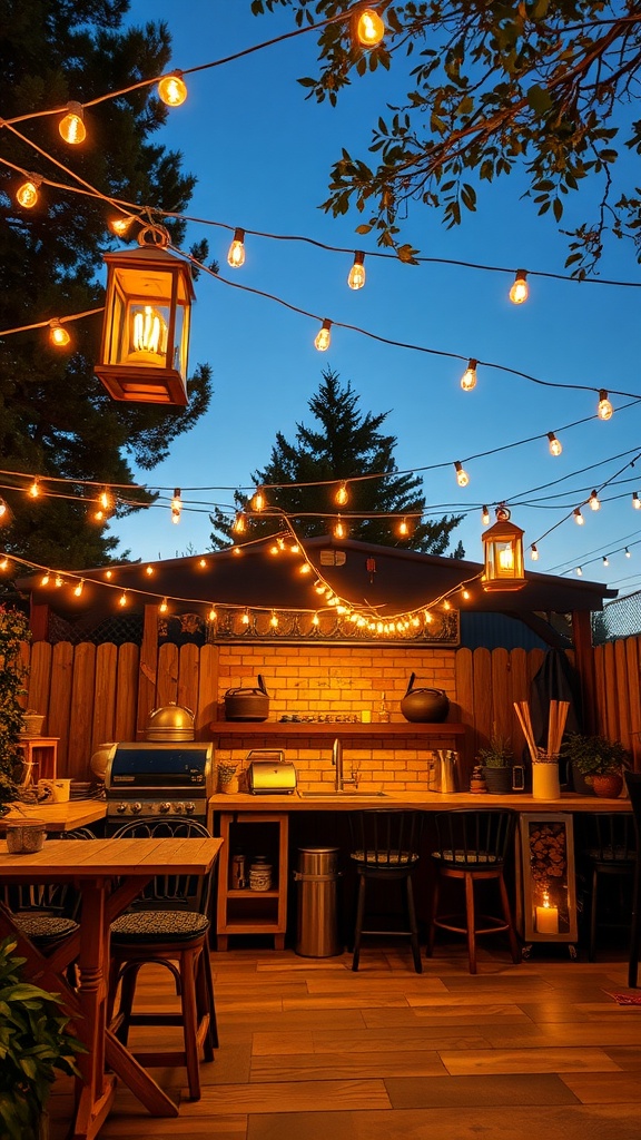 A well-lit outdoor kitchen with string lights and lanterns, showcasing a cozy cooking space.