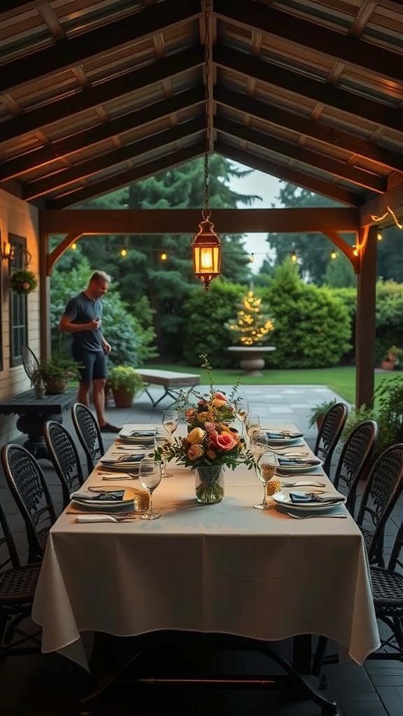 A beautifully set dining table on a covered patio with a floral centerpiece and warm lighting.