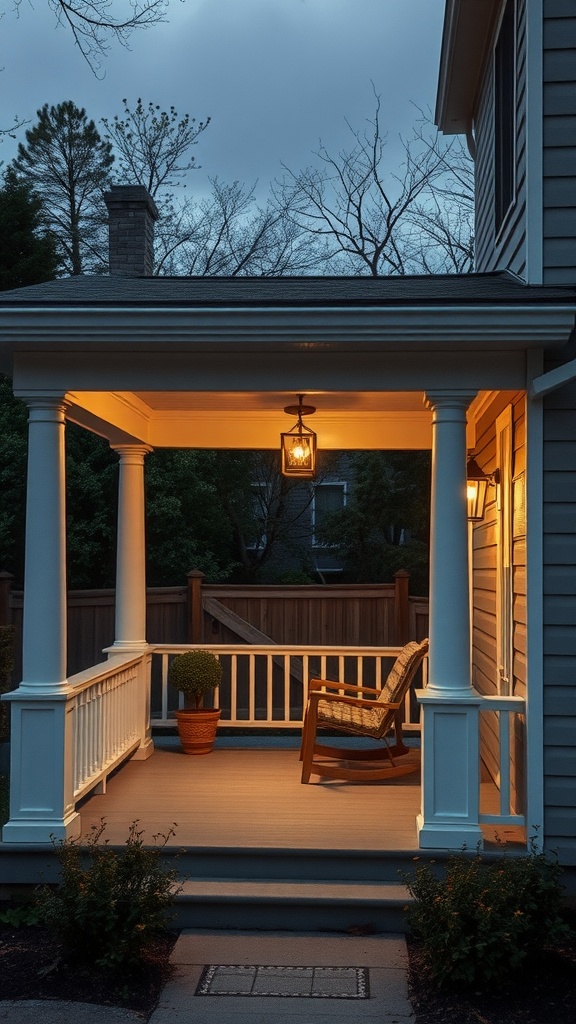 A cozy small porch with integrated lighting fixtures, featuring a lantern, a rocking chair, and a potted plant.