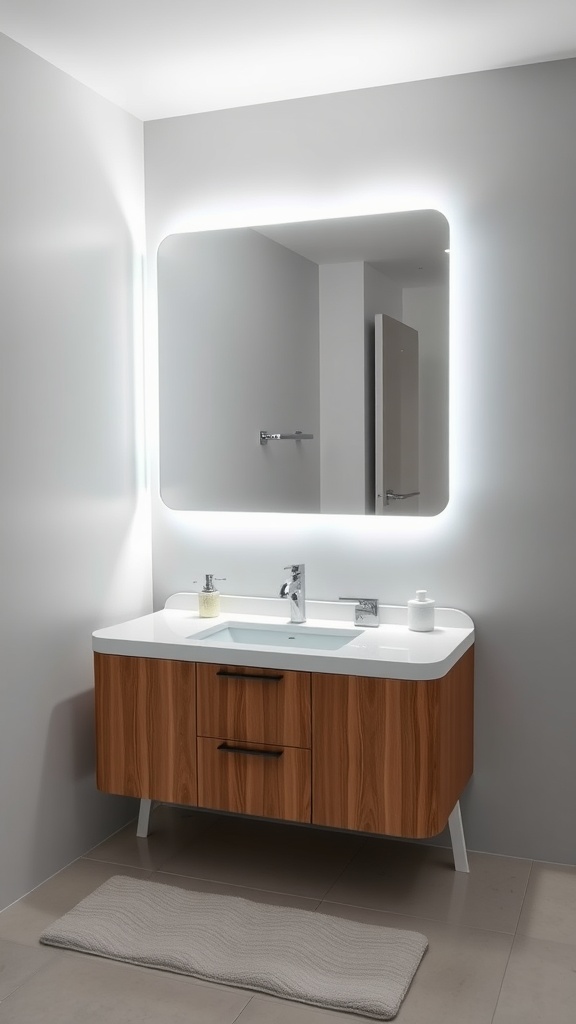 A modern bathroom vanity with integrated backlit mirror and wooden finish.