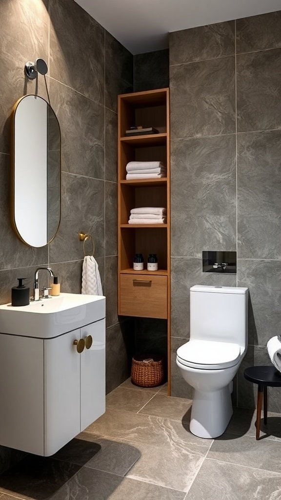A modern luxury bathroom featuring integrated storage solutions with a sleek design.