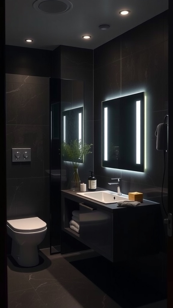 A dark bathroom featuring modern technology, illuminated mirror, sleek fixtures, and minimalist design.