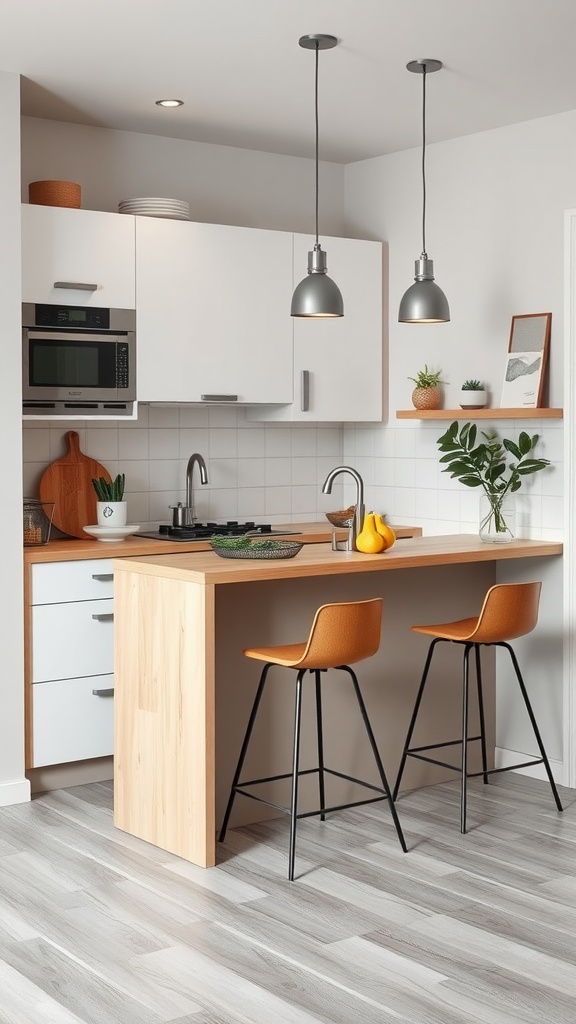 A small kitchen featuring a wooden breakfast bar with two orange stools, white cabinets, and modern lighting.